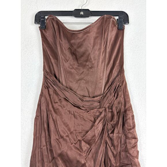 Zara Brown TopStitch Strapless Satin Draped Mini Dress Size Large Corset Bustier - Picture 9 of 15